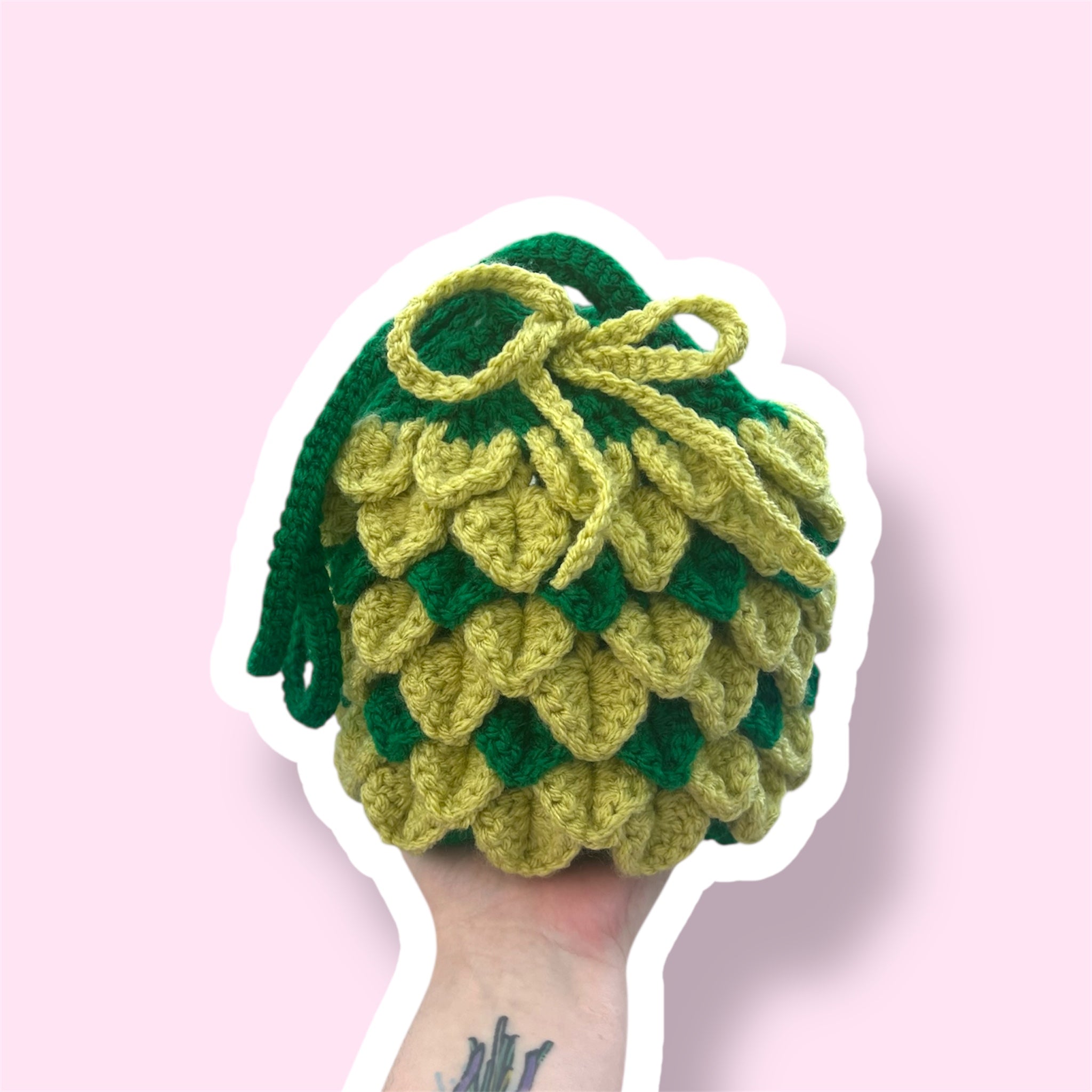 Handmade Crochet Drawstring Bag - Green Leaf Detail Pouch