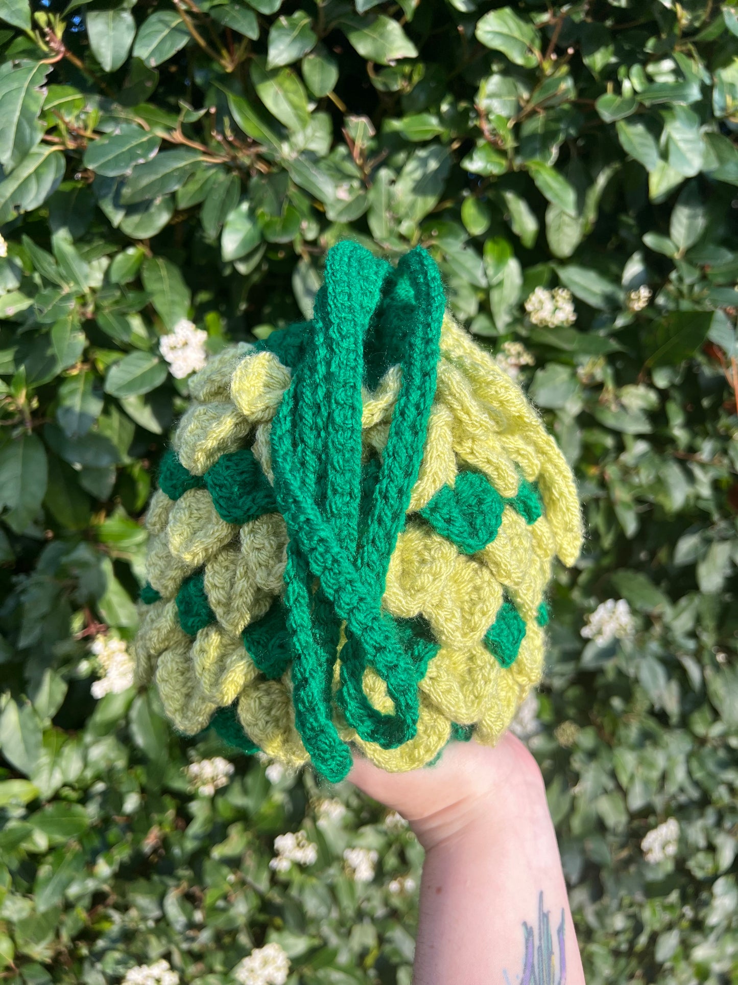 Handmade Crochet Drawstring Bag - Green Leaf Detail Pouch