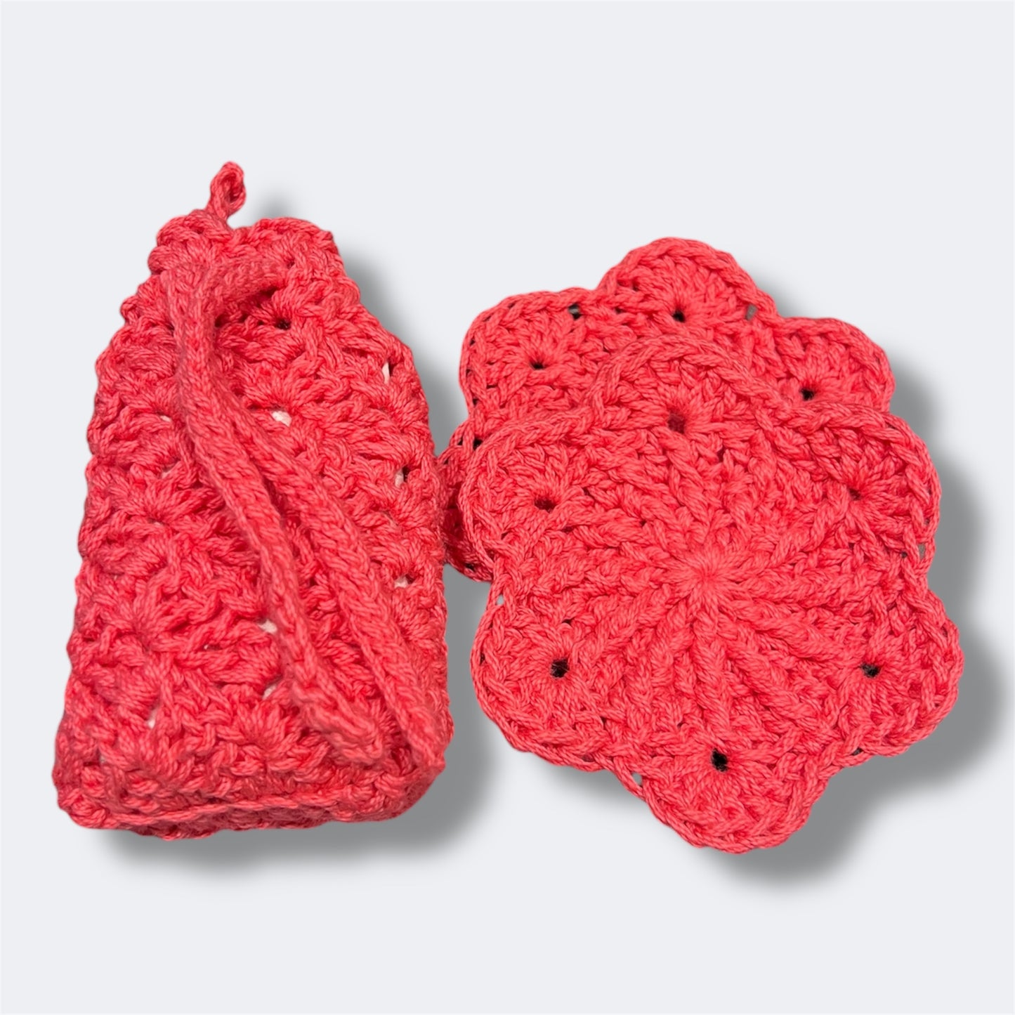 Handmade Crochet Sakura Face Scrubbie and Soap Saver Bath Set