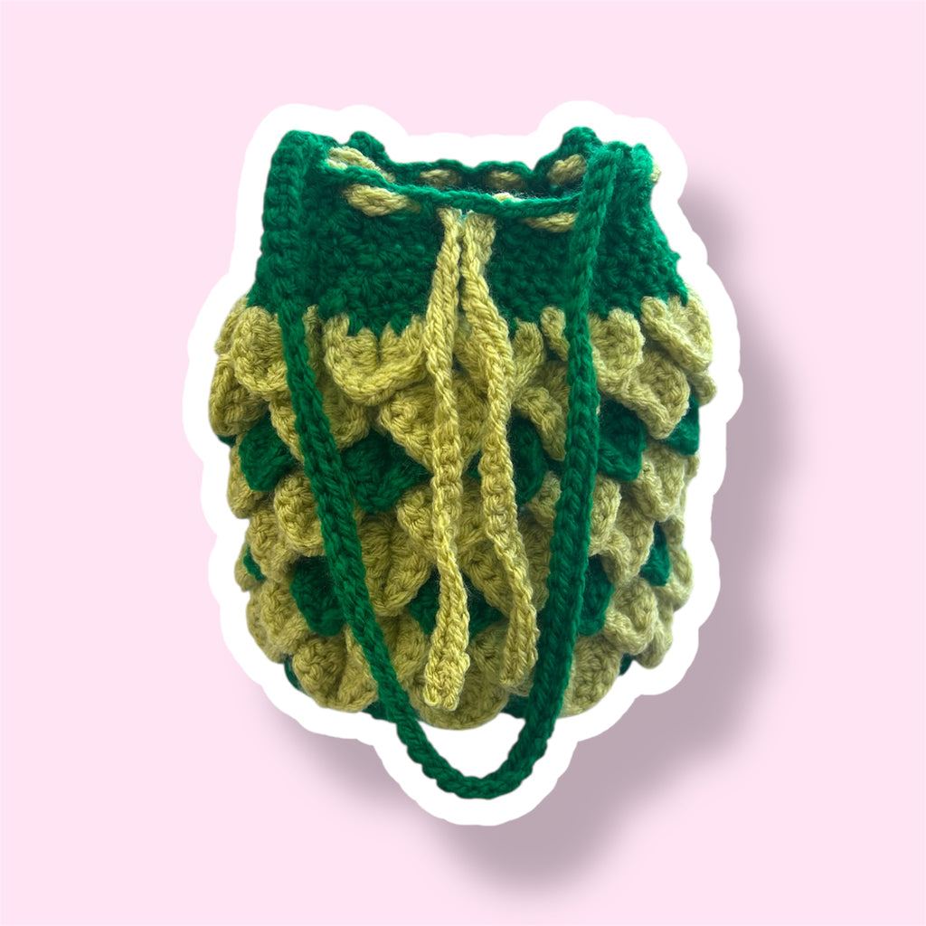Handmade Crochet Drawstring Bag - Green Leaf Detail Pouch