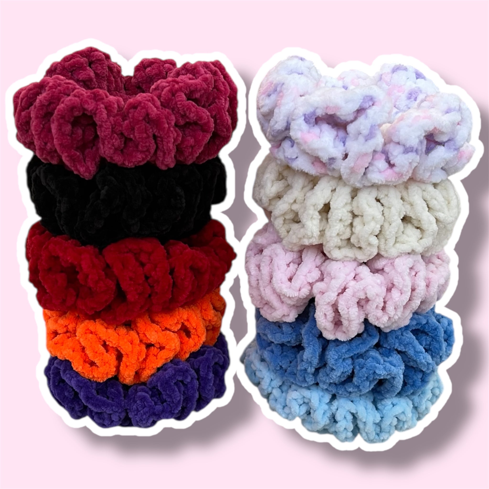 Two stacks of handmade crochet scrunchies in 10 different colours on a light pink background