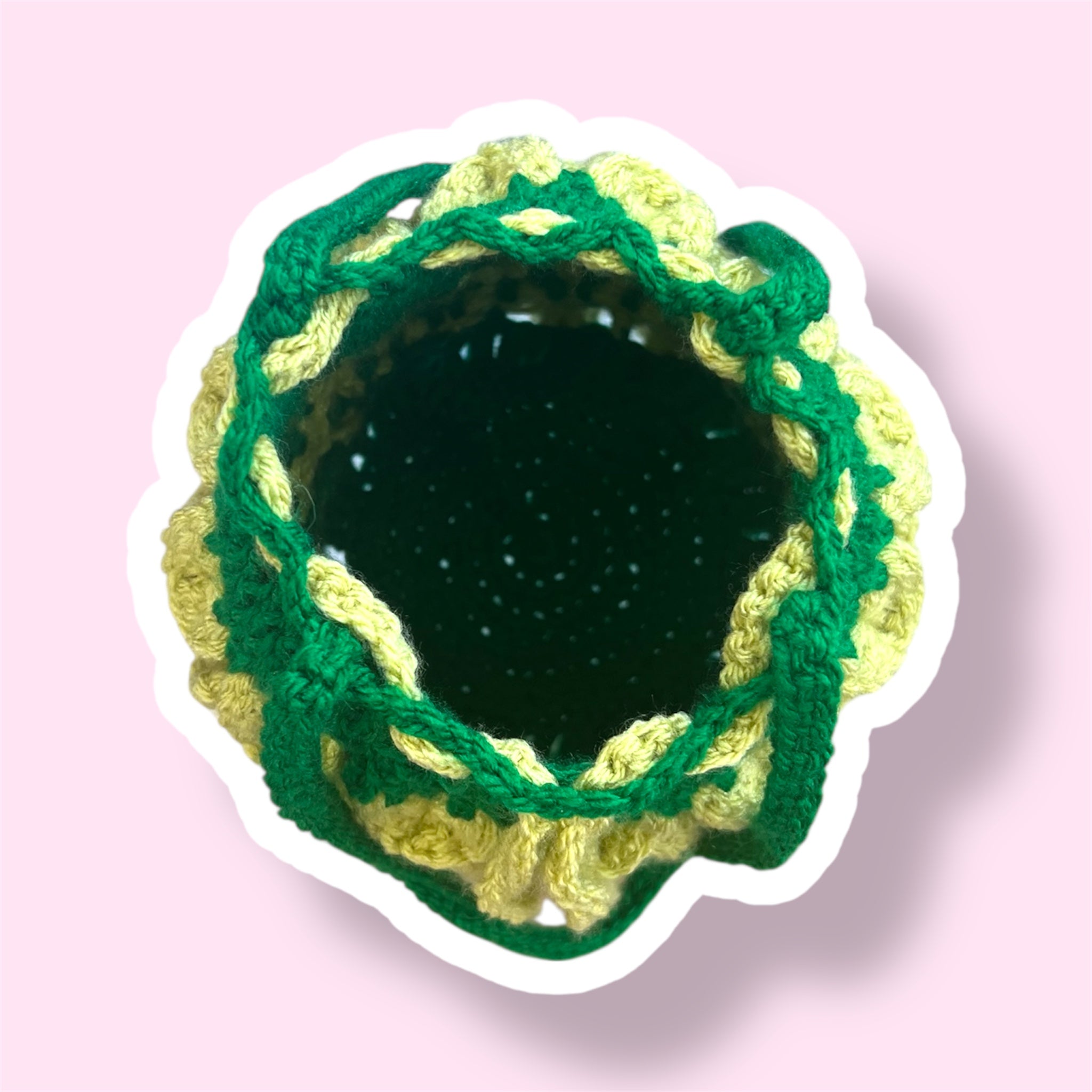 Handmade Crochet Drawstring Bag - Green Leaf Detail Pouch