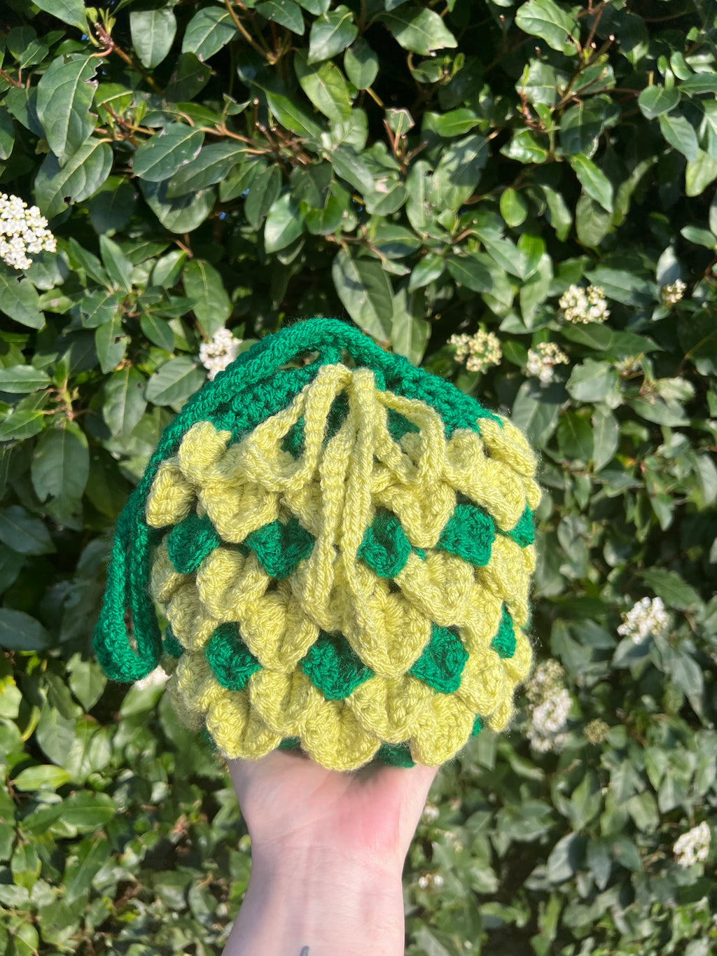 Handmade Crochet Drawstring Bag - Green Leaf Detail Pouch