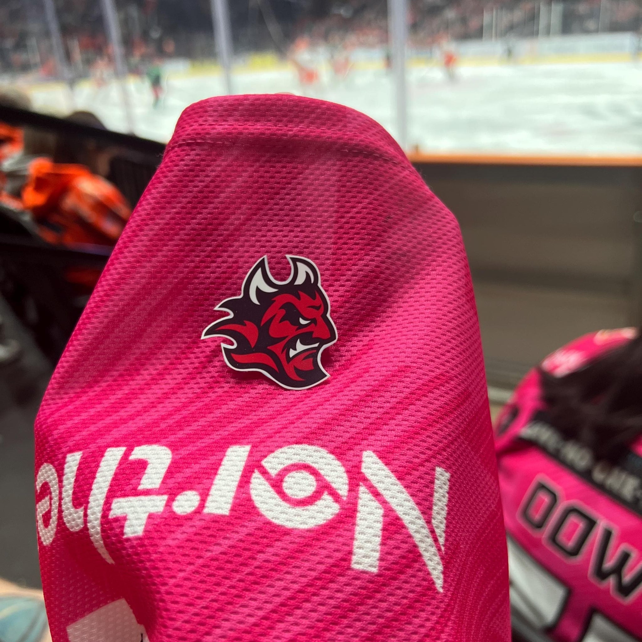 Holding a physical sticker of cardiff devils ice hockey team logo at an ice hockey game