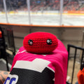 Person holding a cardiff devils red colour themed crochet ice hockey puck in front of an ice rink