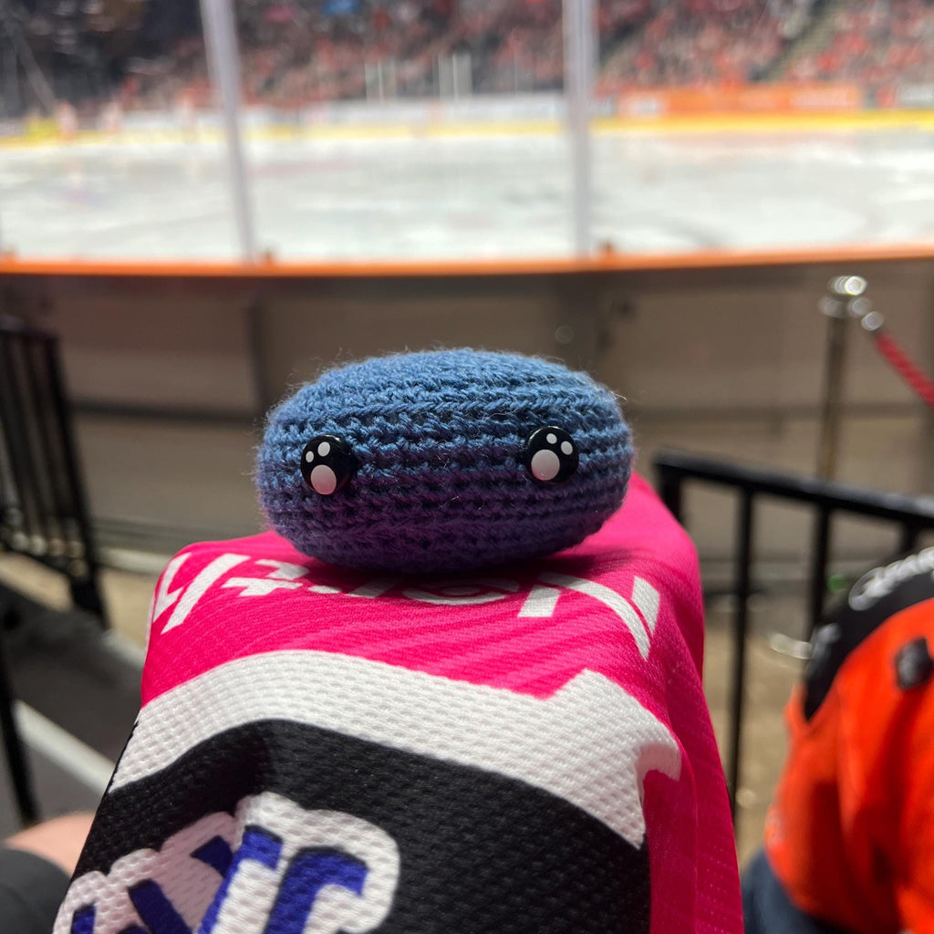 Person holding a coventry blaze blue crochet ice hockey puck in front of an ice rink