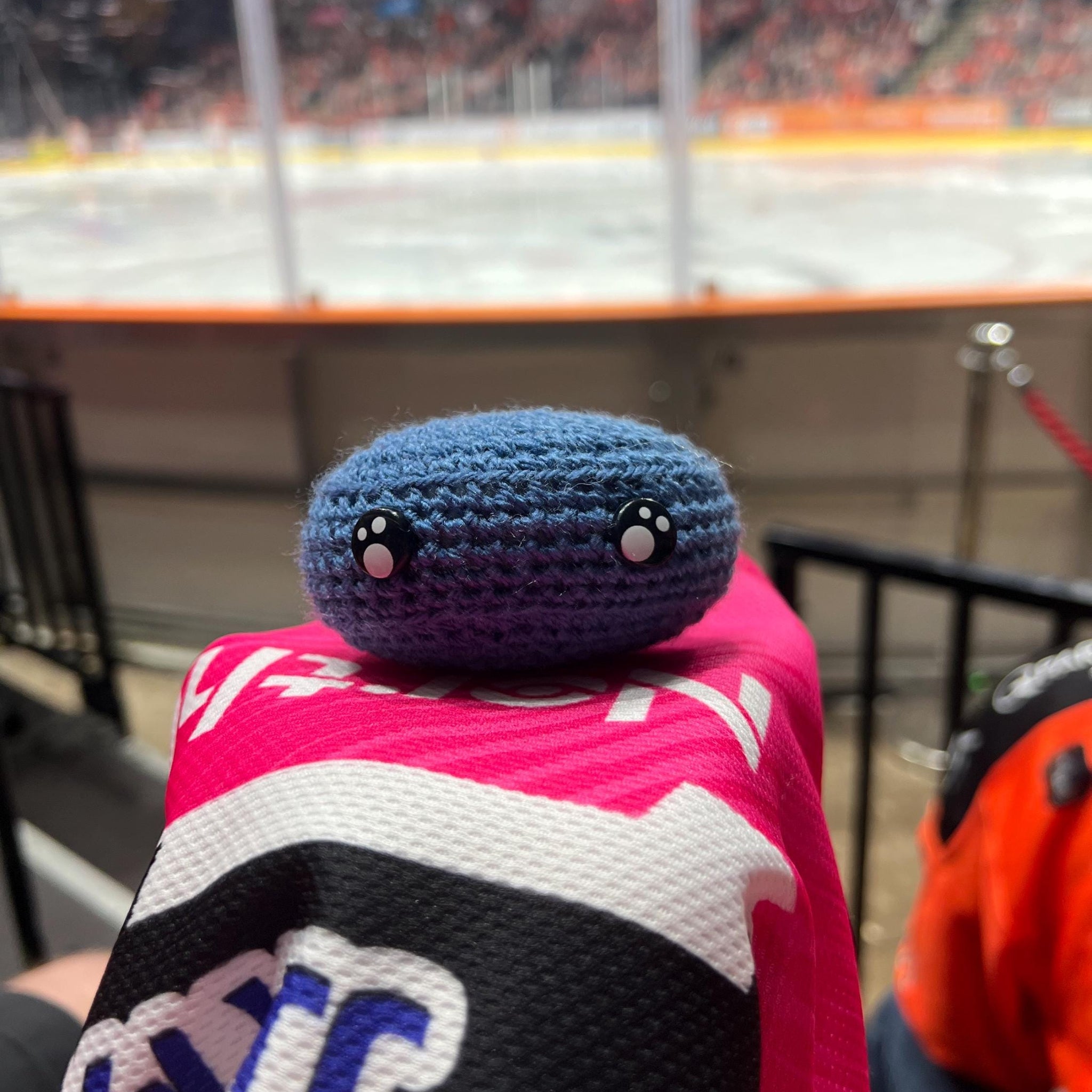 Person holding a coventry blaze blue crochet ice hockey puck in front of an ice rink