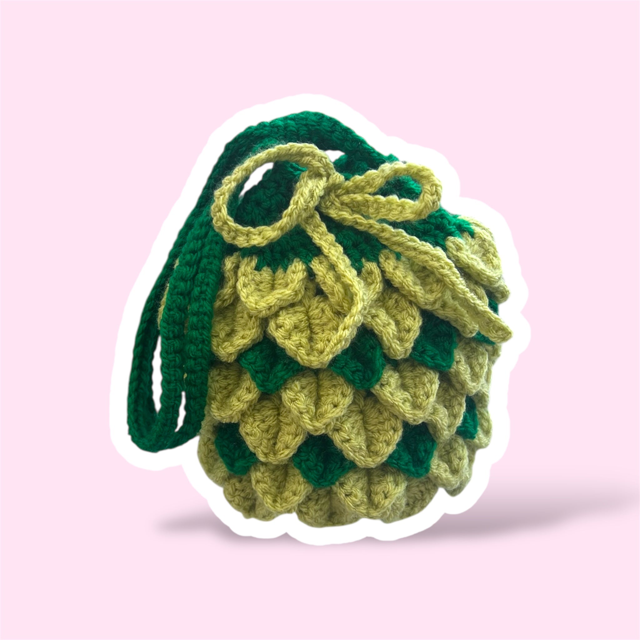Handmade Crochet Drawstring Bag - Green Leaf Detail Pouch