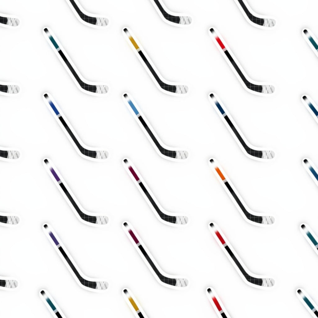 10 available colours of ice hockey stick stickers in EIHL team themed colours on a white background