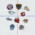 Examples of all 10 EIHL team logo stickers on an ice hockey rink background