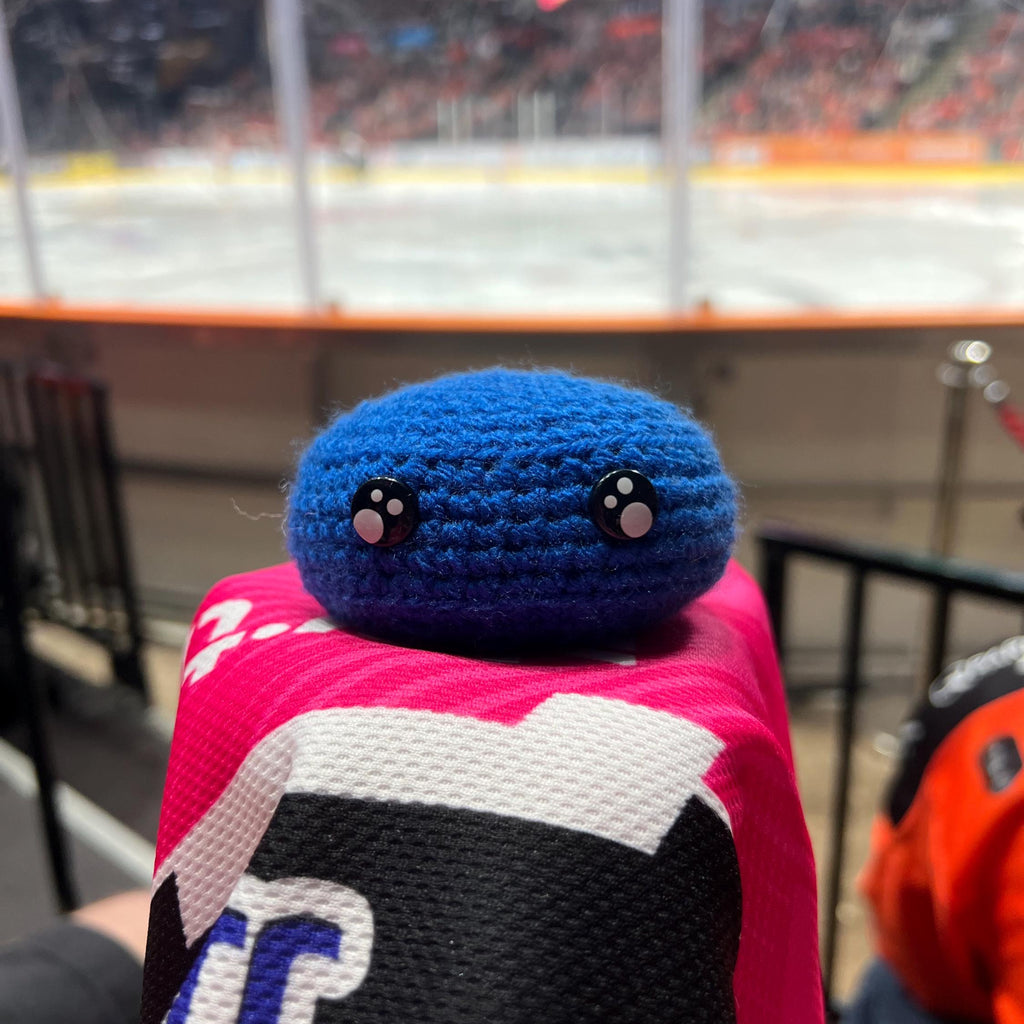 Hand holding a blue fife flyers ice hockey team themed coloured handmade crochet puck in front of an ice rink 