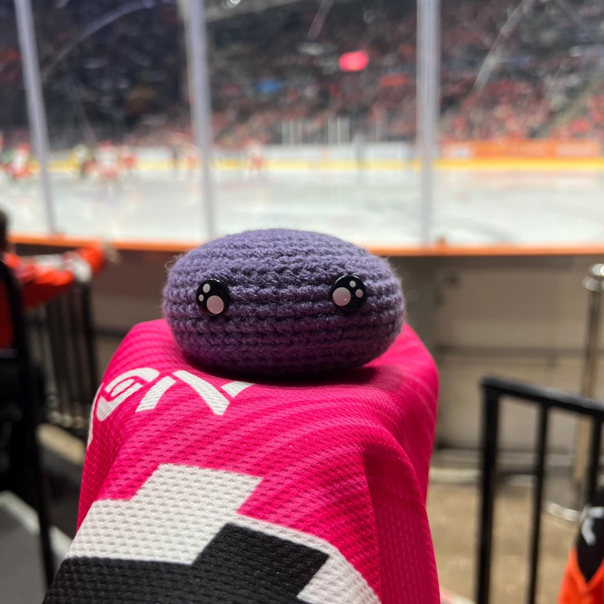 Person holding a glasgow clan purple colour themed crochet ice hockey puck in front of an ice rink