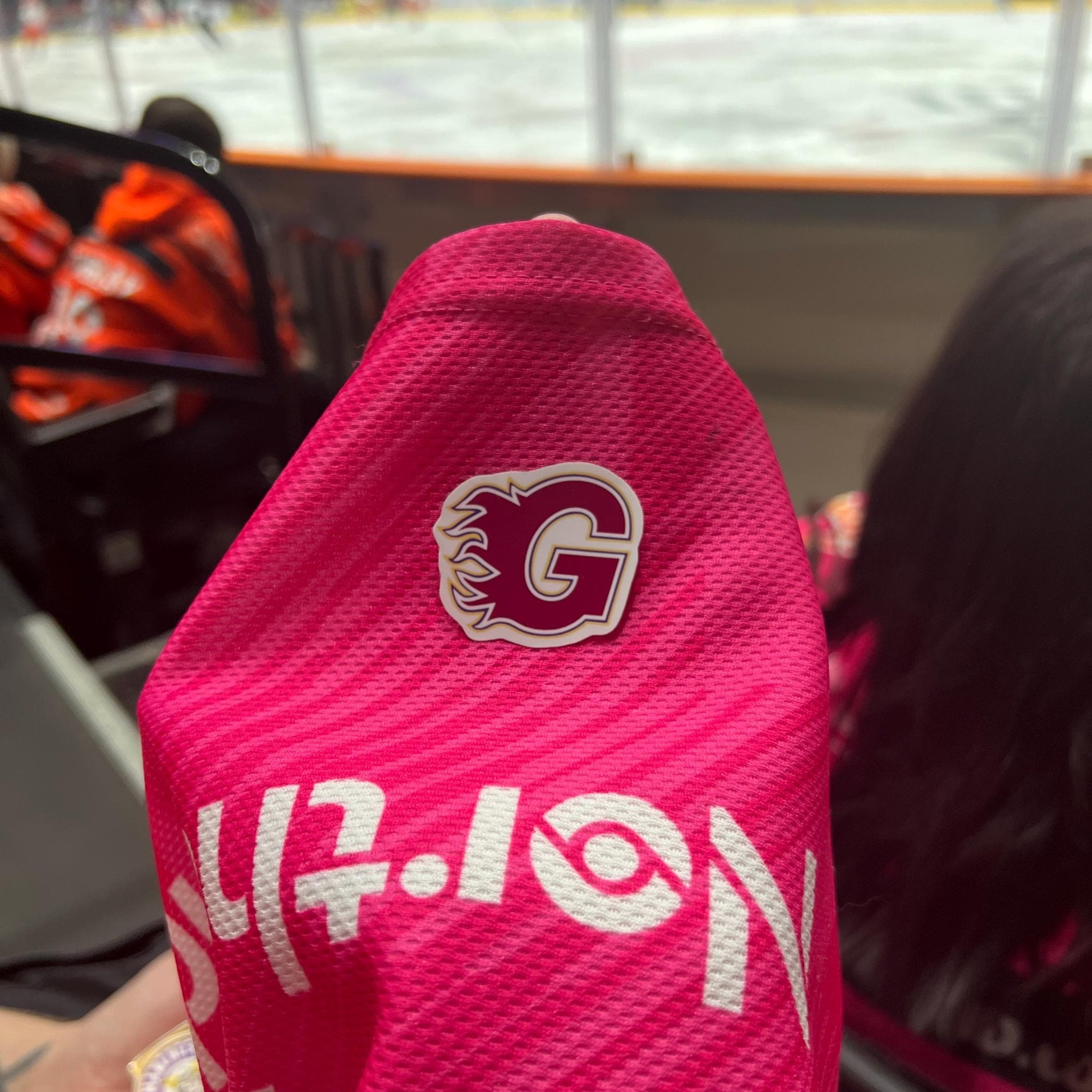 Holding a physical sticker of guildford flames ice hockey team logo at an ice hockey game