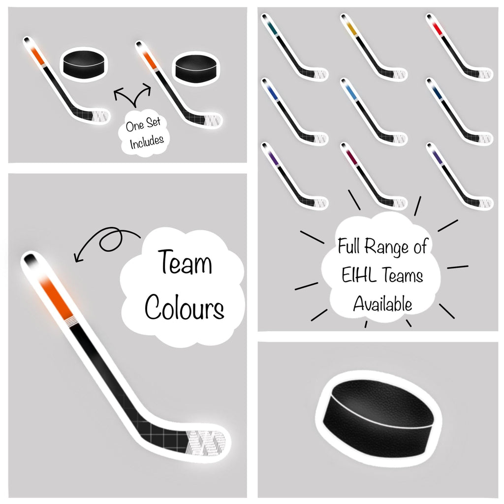 Collage showing that one hockey stick and puck set includes 2 puck stickers and 2 ice hockey stick stickers in EIHL team colours