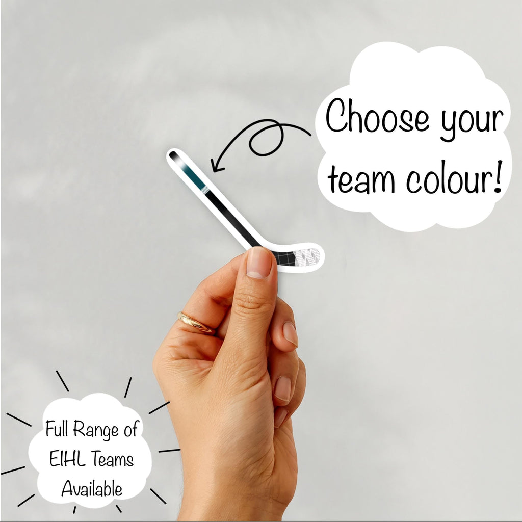 Hand holding an example of an ice hockey stick sticker in one of the EIHL team themed colours available