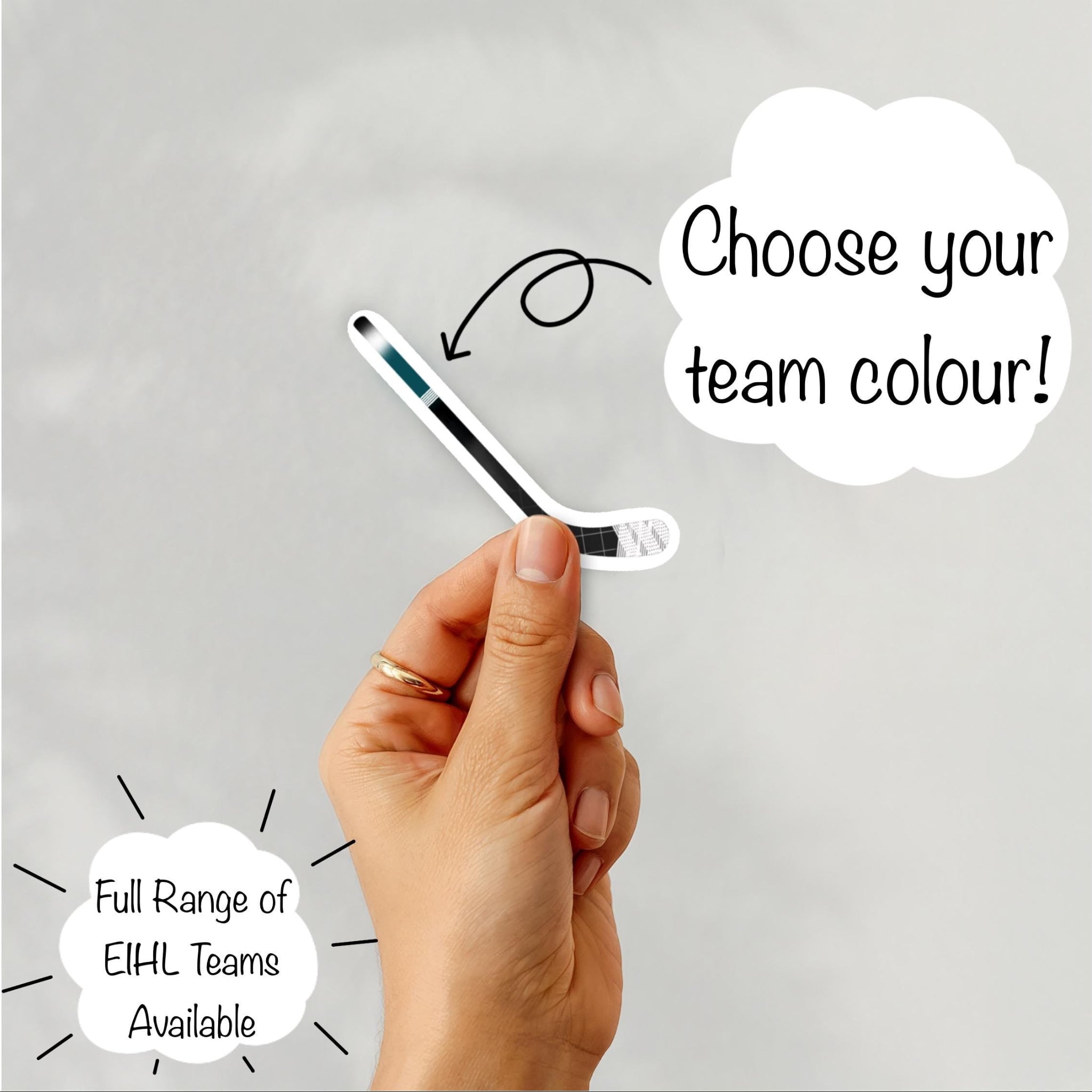 Hand holding an example of an ice hockey stick sticker in one of the EIHL team themed colours available