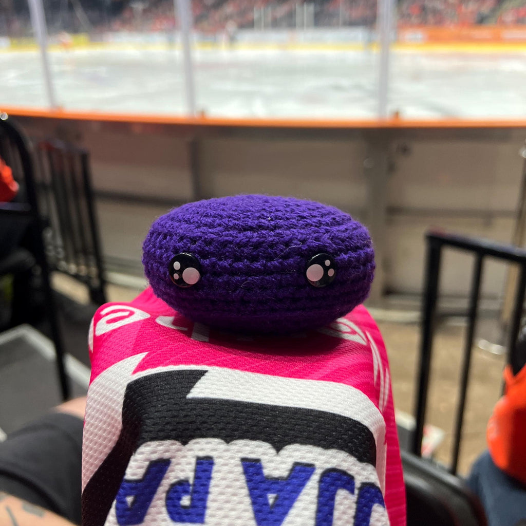 Person holding a manchester storm purple colour themed crochet ice hockey puck in front of an ice rink