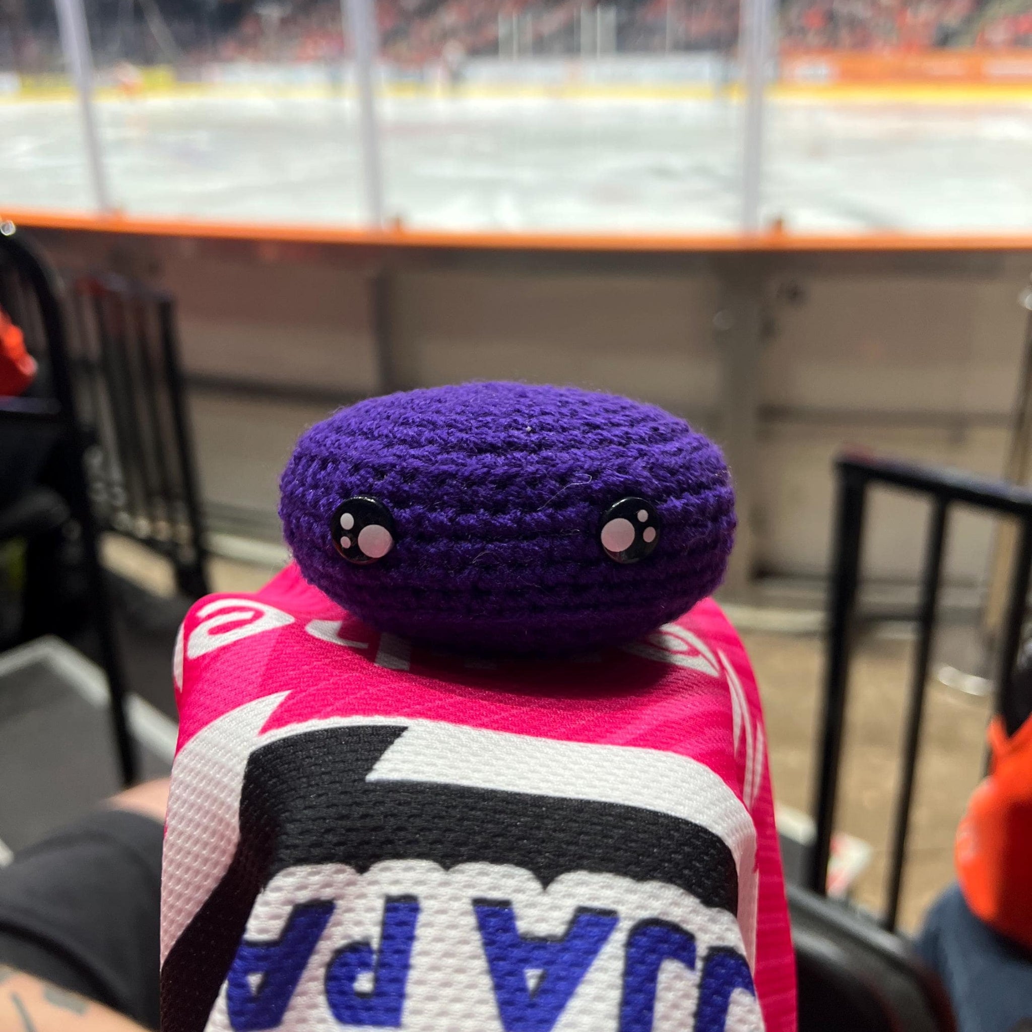 Person holding a manchester storm purple colour themed crochet ice hockey puck in front of an ice rink