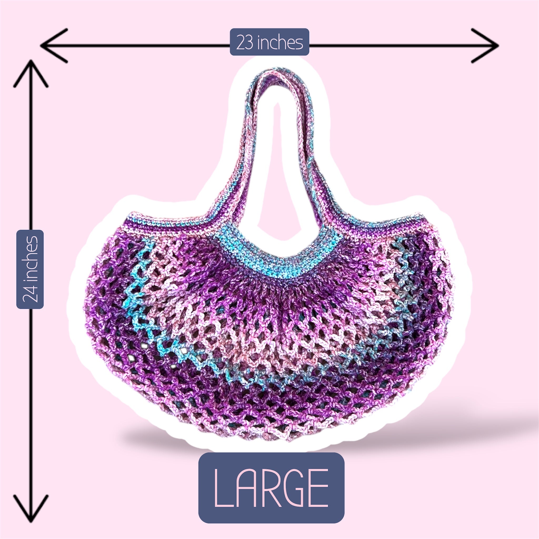 A picture of a purple and pink handmade crochet mesh market bag on a plain light pink background showing the size of the medium version of this bag