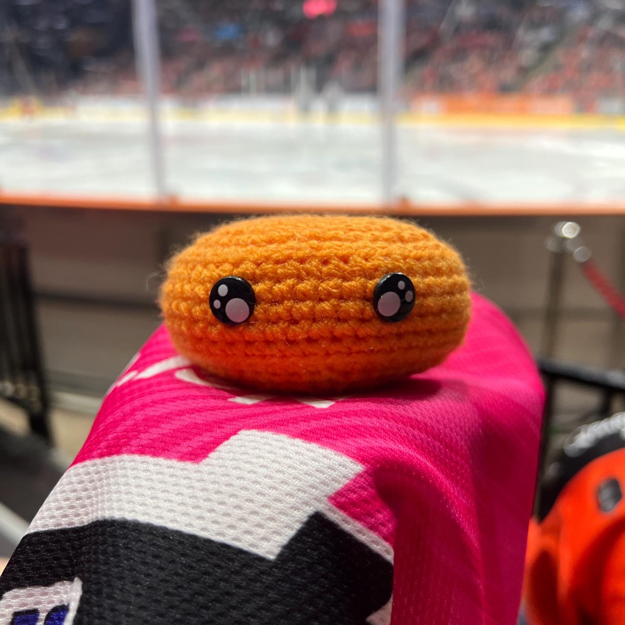 Person holding a sheffield steelers orange colour themed crochet ice hockey puck in front of an ice rink